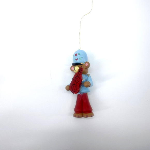 Brown Bear Wood Ornament Holding Playing Red Guitar Blue Top & Hat 3 inches - Picture 6 of 9